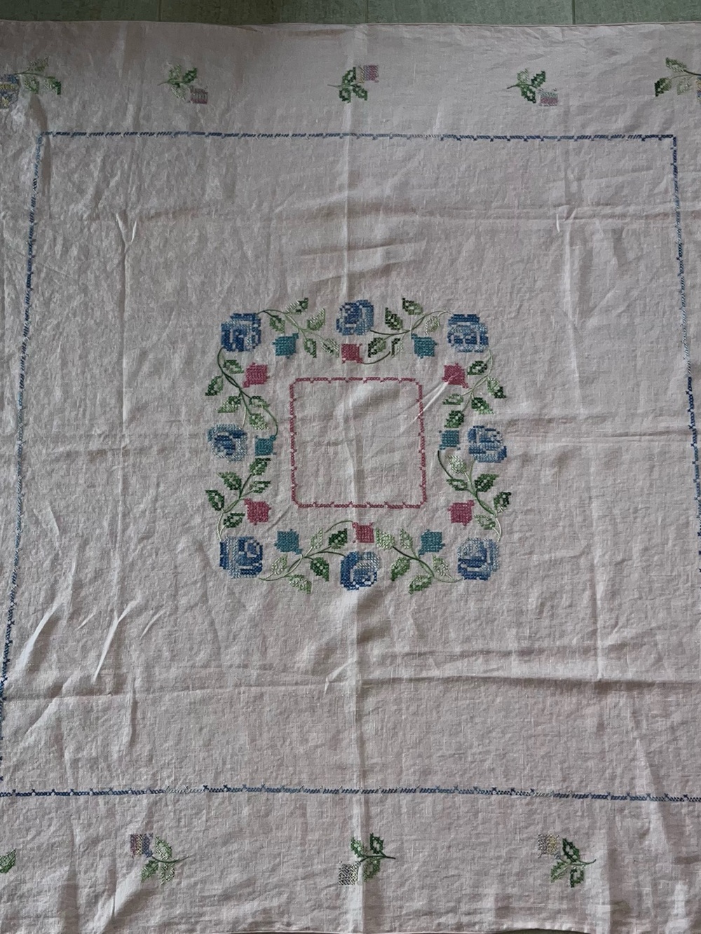 Embroidered Floral Linen Tablecloth in Blue, Green & Pink